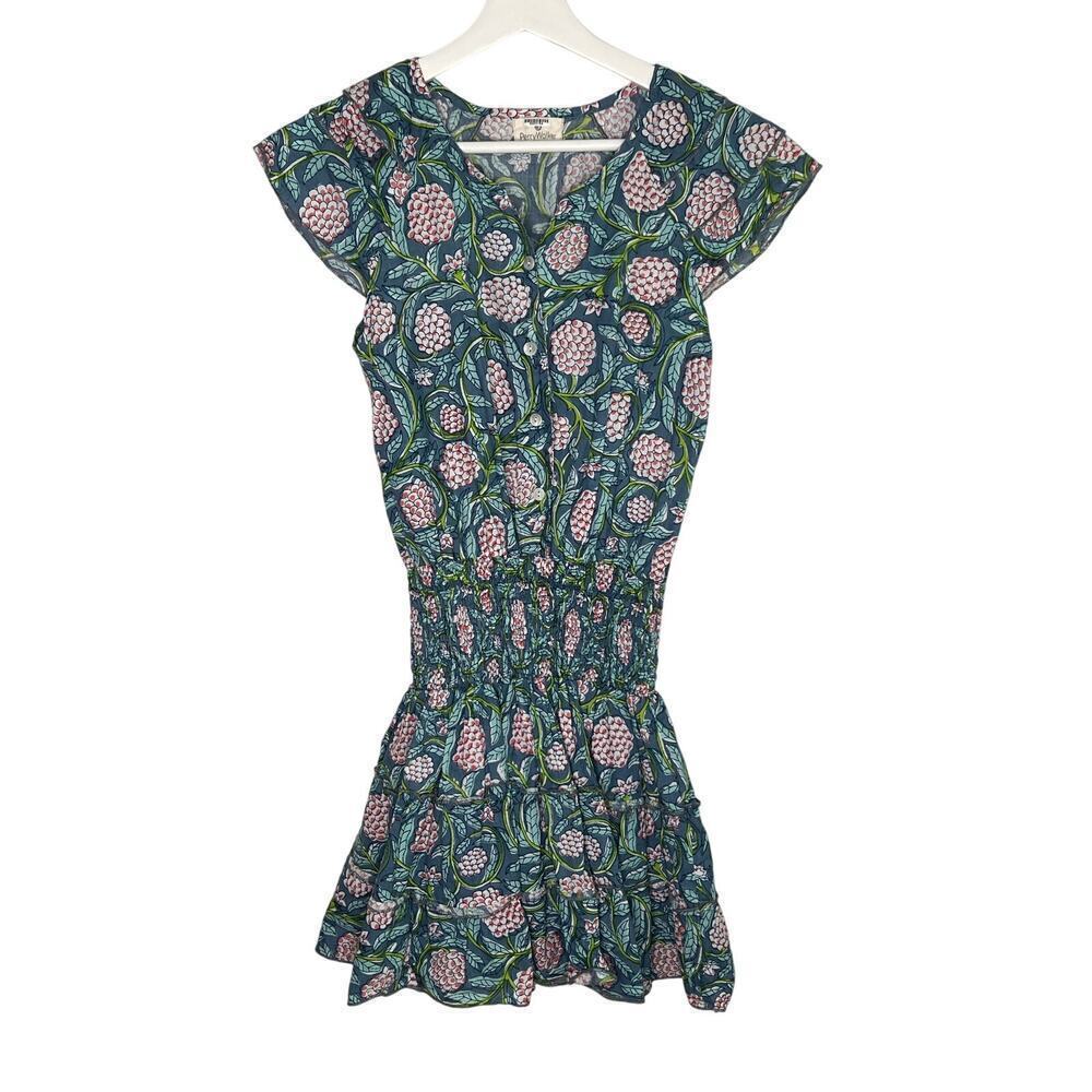 Perry Walker Virginia Floral Flutter Sleeve Smocked Mini Blouson Dress Green 1/S